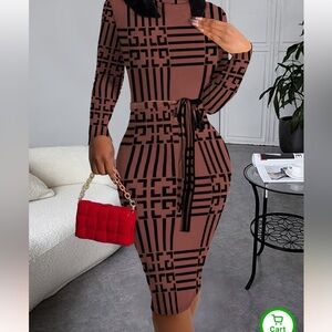 SHEIN Geometric Patterned Brown Midi Dress
